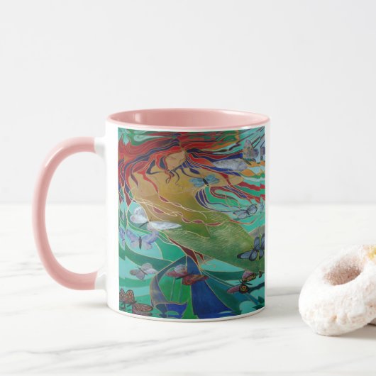 Meerjungfrau Schwimmen mit Schmetterlingen Fantasy Tasse (Mit Donut)