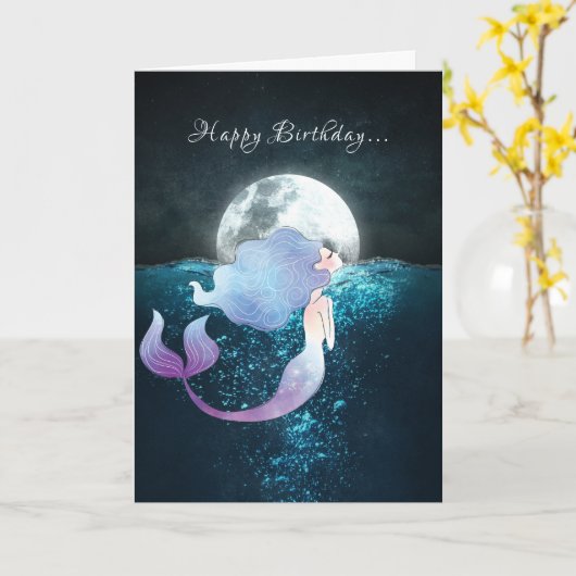 Meerjungfrau Schwimmen mit Vollmond Strand Geburts Karte (Gelbe Blume)