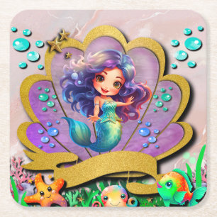 Meerjungfrau, Seashell, Freunde von Meerestieren, Rechteckiger Pappuntersetzer