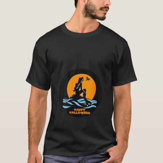Meerjungfrau sieht Flying Hexe auf Broom Happy Hal T-Shirt (Vorderseite)