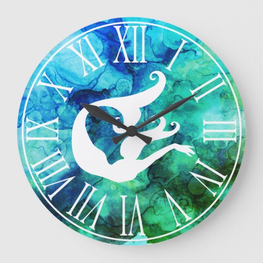 Meerjungfrau Silhouette & Ozeane Wirbel Große Wanduhr (Vorderseite)