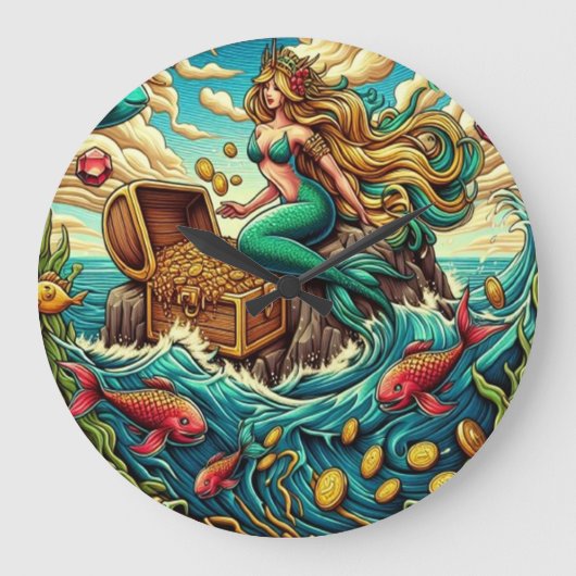 Meerjungfrau sitzend auf einem Felsen mit einem of Große Wanduhr (Vorderseite)