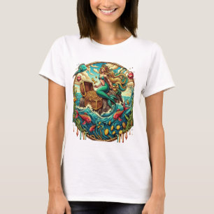 Meerjungfrau sitzend auf einem Felsen mit einem of T-Shirt