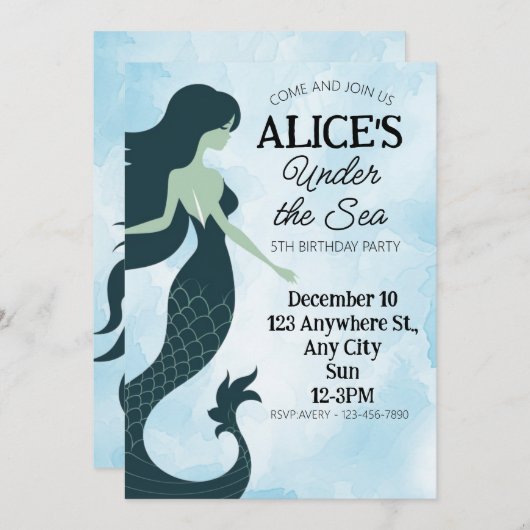 Meerjungfrau taucht in 5. Geburtstag Einladung (Vorne/Hinten)