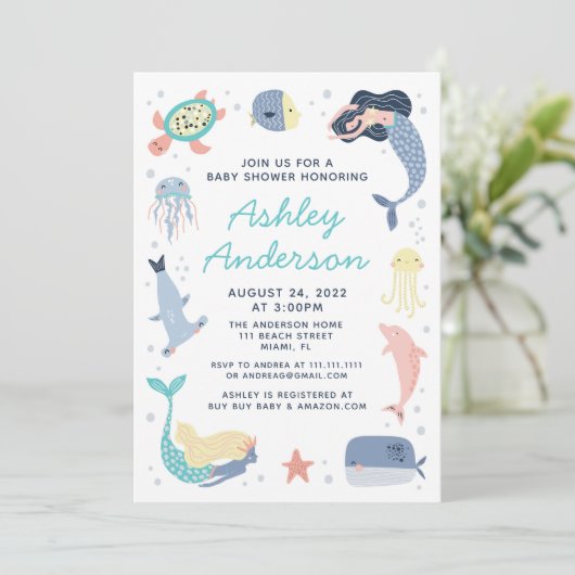 Meerjungfrau Tiere Kinderdusche Einladung (Stehend Vorderseite)