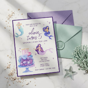 Meerjungfrau Torte Lila Glitter Unter dem Meer Geb Einladung