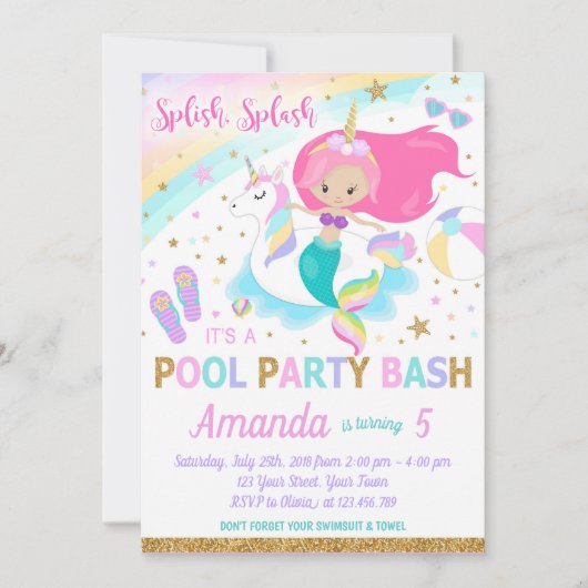 Meerjungfrau u. Unicorn-Pool-Party Einladung (Vorderseite)