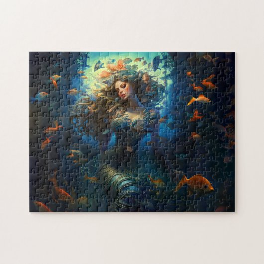 Meerjungfrau umgeben von Fantasy-Gemäldefischen Puzzle (Horizontal)