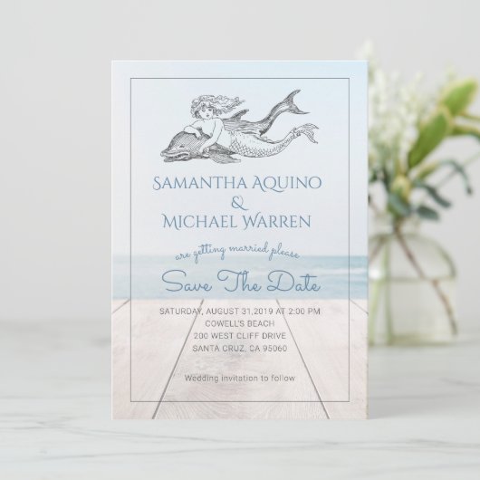 Meerjungfrau und Dolphin Beach See Wedding Save The Date (Stehend Vorderseite)