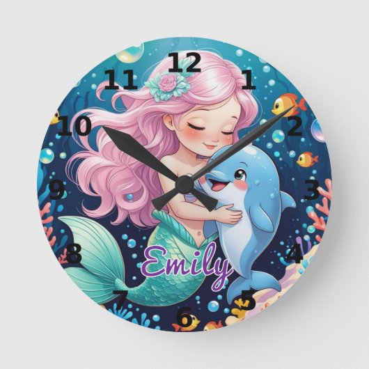 Meerjungfrau und Dolphin Wall Clock - Personalisie Runde Wanduhr (Vorderseite)