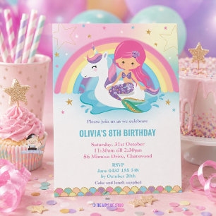 Meerjungfrau und Einhorn Regenbogen-Pool-Party-Geb Einladung