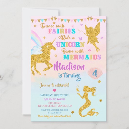 Meerjungfrau und Einhorngeburtstag Einladung Girl (Vorderseite)