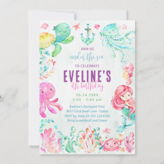 Meerjungfrau und Freunde im Rahmen der Seeeinladun Einladung