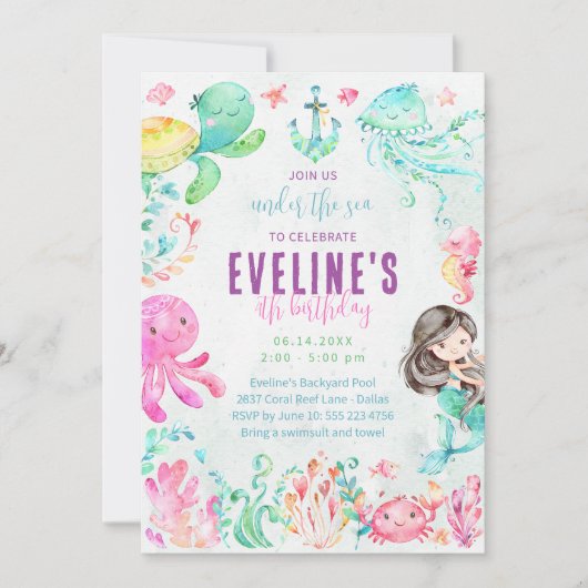 Meerjungfrau und Freunde im Rahmen der Seeeinladun Einladung (Vorderseite)