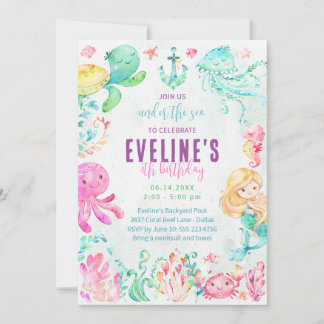 Meerjungfrau und Freunde im Rahmen der Seeeinladun Einladung