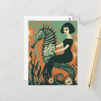 Meerjungfrau und ihr Seepferdchen Retro Postkarte