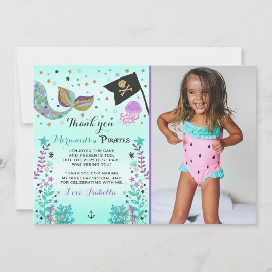 Meerjungfrau und Pirat danken Ihnen zu kardieren Dankeskarte (Vorderseite)