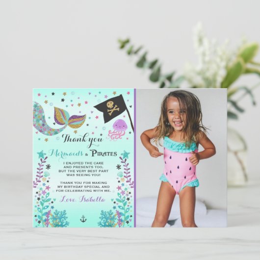 Meerjungfrau und Pirat danken Ihnen zu kardieren Dankeskarte (Stehend Vorderseite)