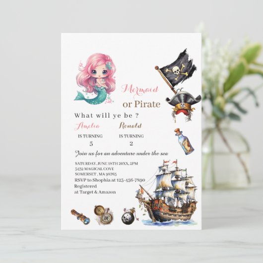 Meerjungfrau und Pirate, Wasserfarbgeburtstag Einl Einladung (Stehend Vorderseite)
