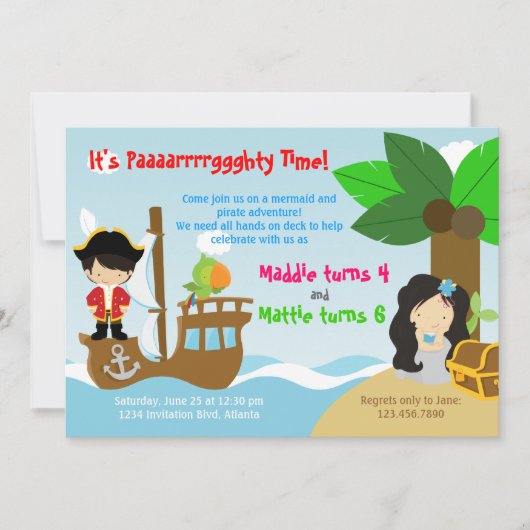 Meerjungfrau-und Piraten-Zwillings-gemeinsames Einladung (Vorderseite)