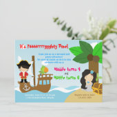 Meerjungfrau-und Piraten-Zwillings-gemeinsames Einladung (Stehend Vorderseite)