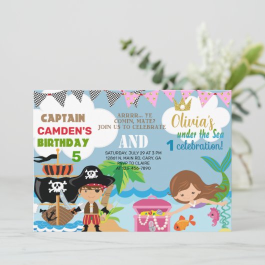 Meerjungfrau und Piratengeschwister zum Geburtstag Einladung (Stehend Vorderseite)