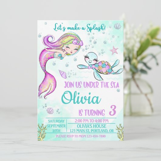 Meerjungfrau und Schildkröte Einladung (Stehend Vorderseite)