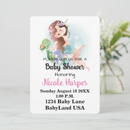 Meerjungfrau und Schildkrötendusche Einladung (Stehend Vorderseite)