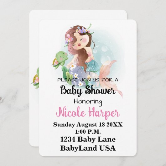 Meerjungfrau und Schildkrötendusche Einladung (Vorne/Hinten)