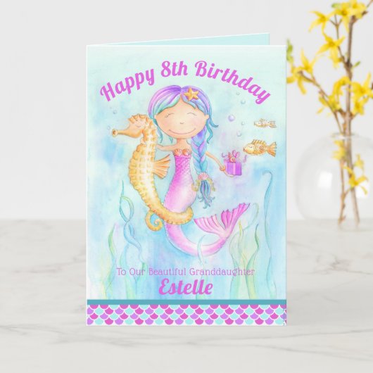 Meerjungfrau und Seepferd Whimsy Aquarell Geburtst Karte (Gelbe Blume)