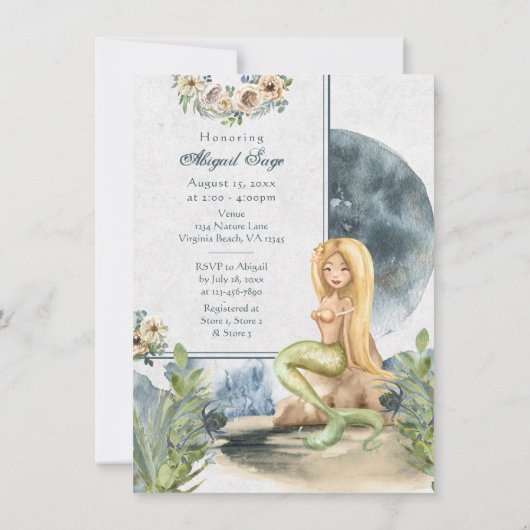 Meerjungfrau und Vollmond Beach Brautparty Einladung (Rückseite)