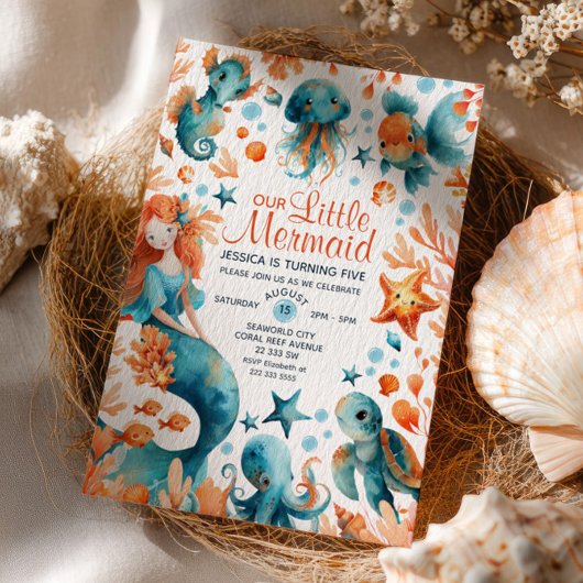 Meerjungfrau unter dem Cartoon Mädchen Geburtstag Einladung
