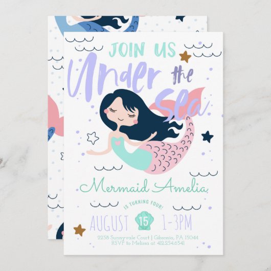 Meerjungfrau unter dem Meer - Einladung zum Geburt (Vorne/Hinten)