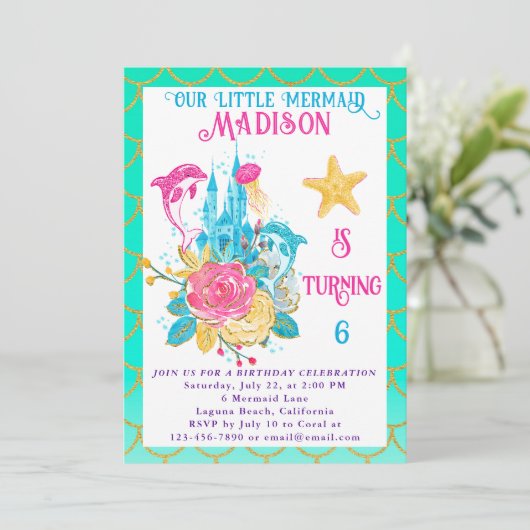 Meerjungfrau unter dem Meer Türkis und Gold Geburt Einladung (Stehend Vorderseite)