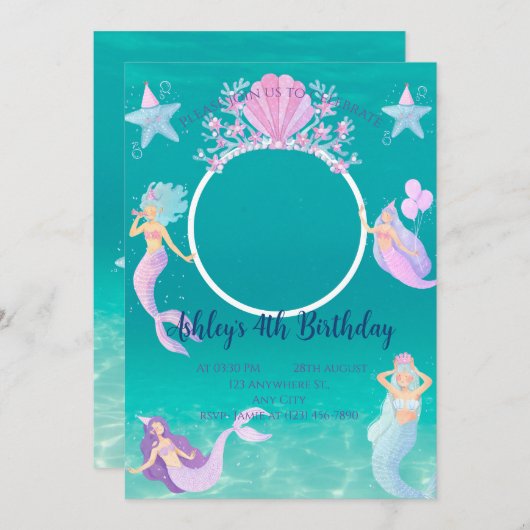 Meerjungfrau unter dem Meeresfarben Kinder Party Einladung (Vorne/Hinten)