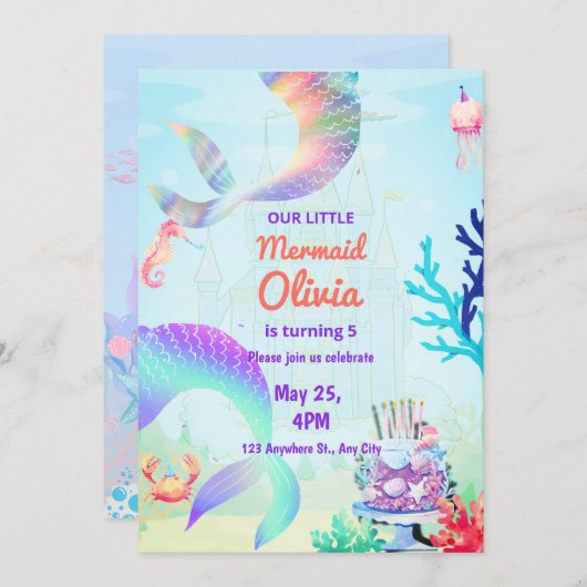 Meerjungfrau unter dem Regenbogen Geburtstag Einladung (Vorne/Hinten)