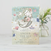 Meerjungfrau unter dem Sea Gold Glitzer Geburtstag Einladung (Stehend Vorderseite)