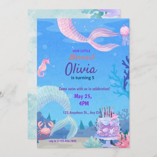 Meerjungfrau unter dem zauberhaften Geburtstag Einladung (Vorne/Hinten)