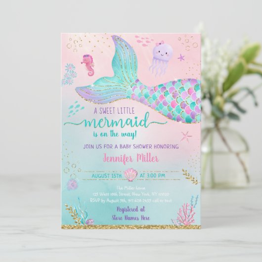 Meerjungfrau unter der Rosa-Gold-Babydusche Einladung (Stehend Vorderseite)
