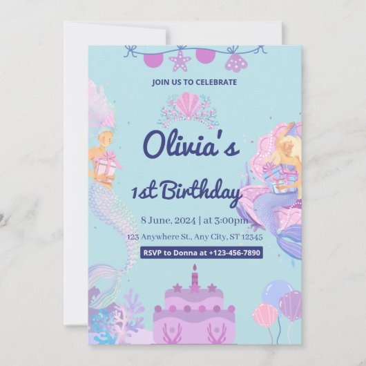Meerjungfrau unter Meer 1. Geburtstag Einladung (Vorderseite)