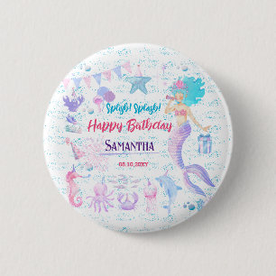 Meerjungfrau unter Meeresrosa Lila 1. Geburtstag Button
