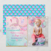 Meerjungfrau unter Rosa Gold Geburtstag Einladung (Vorne/Hinten)