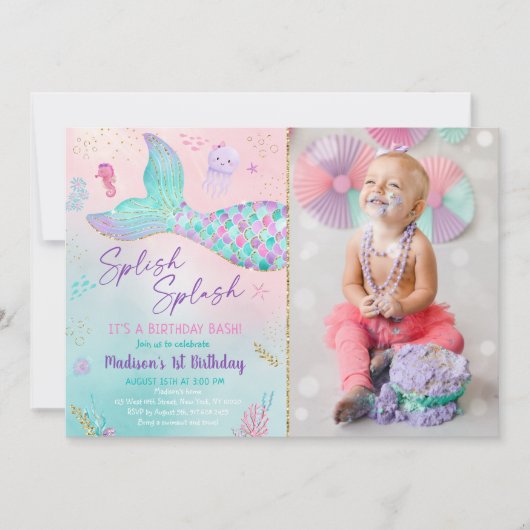 Meerjungfrau unter Rosa Gold Geburtstag Einladung (Vorderseite)