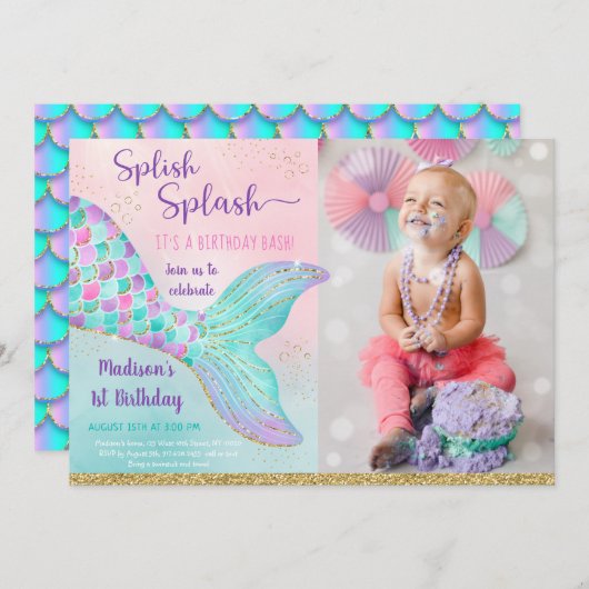 Meerjungfrau unter Rosa Gold Geburtstag Einladung (Vorne/Hinten)