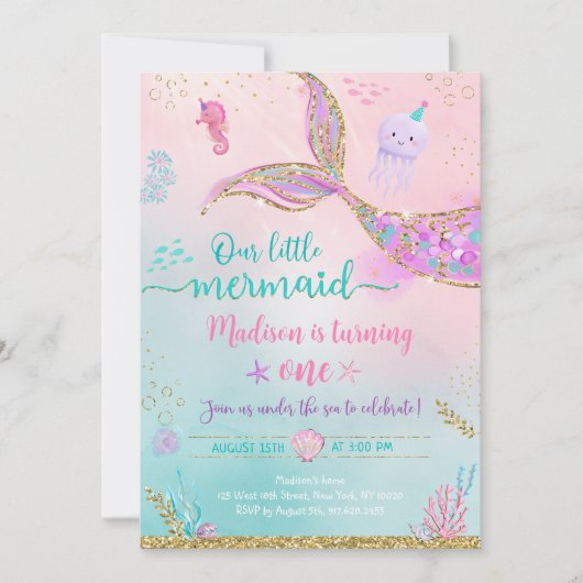Meerjungfrau unter Rosa Lila Geburtstag Einladung (Vorderseite)