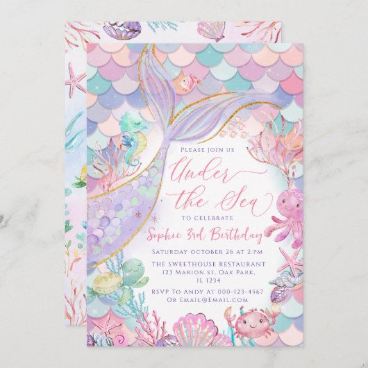 Meerjungfrau unter Rosa Lila Geburtstag Einladung (Vorne/Hinten)