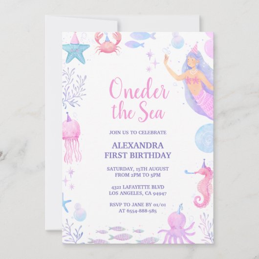 Meerjungfrau unter Wasser Mädchen 1. Geburtstag Einladung (Vorderseite)