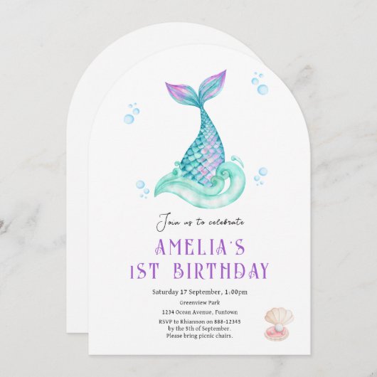 Meerjungfrau unter weißem Meer Einladung zum Gebur (Vorne/Hinten)