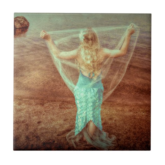 Meerjungfrau Vintage Aquamarin-braune Nautikkunst Fliese (Vorderseite)