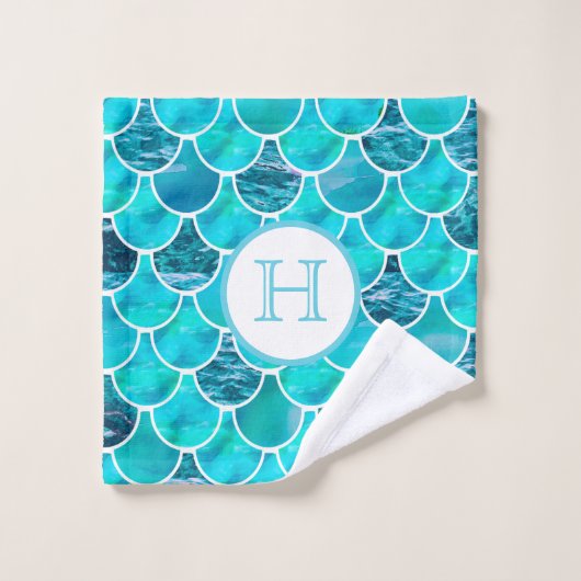 Meerjungfrau-Waage Türkis-Pfefferminzgrün-Monogram Badhandtuch Set (Waschlappen)